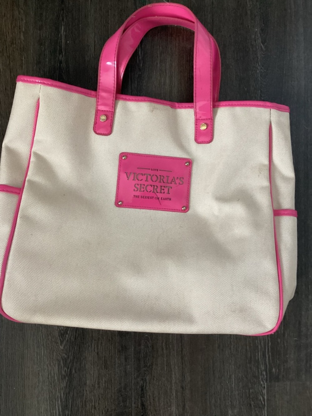 Victoria's Secret Beige Canvas Tote with Hot Pink Trim